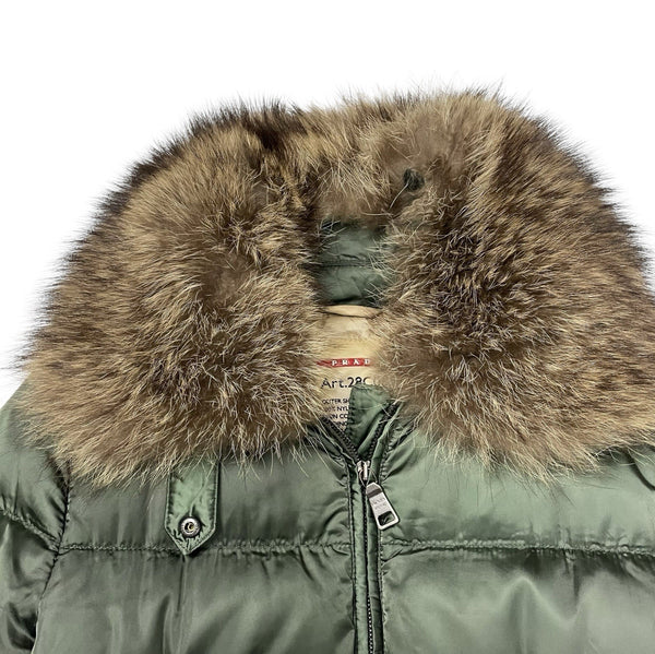 Prada Down Puffer Jacket Fur Collar, Size Small